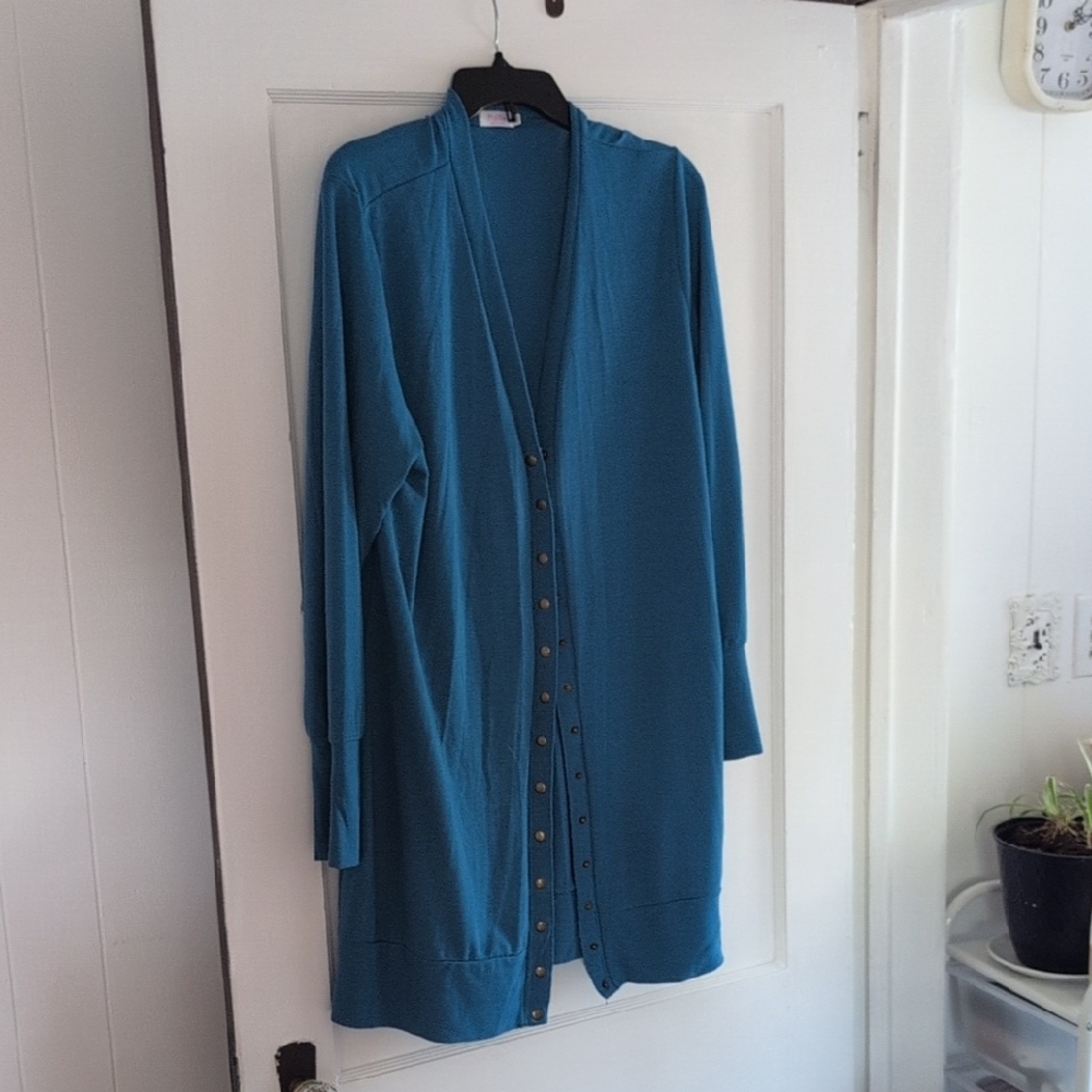 Elegant Blue Long Women's Cardigan XXL